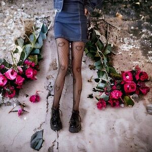 Heart Print Mesh Tights Black Sexy Cut Out High Waist Fishnet Pantyhose One Size